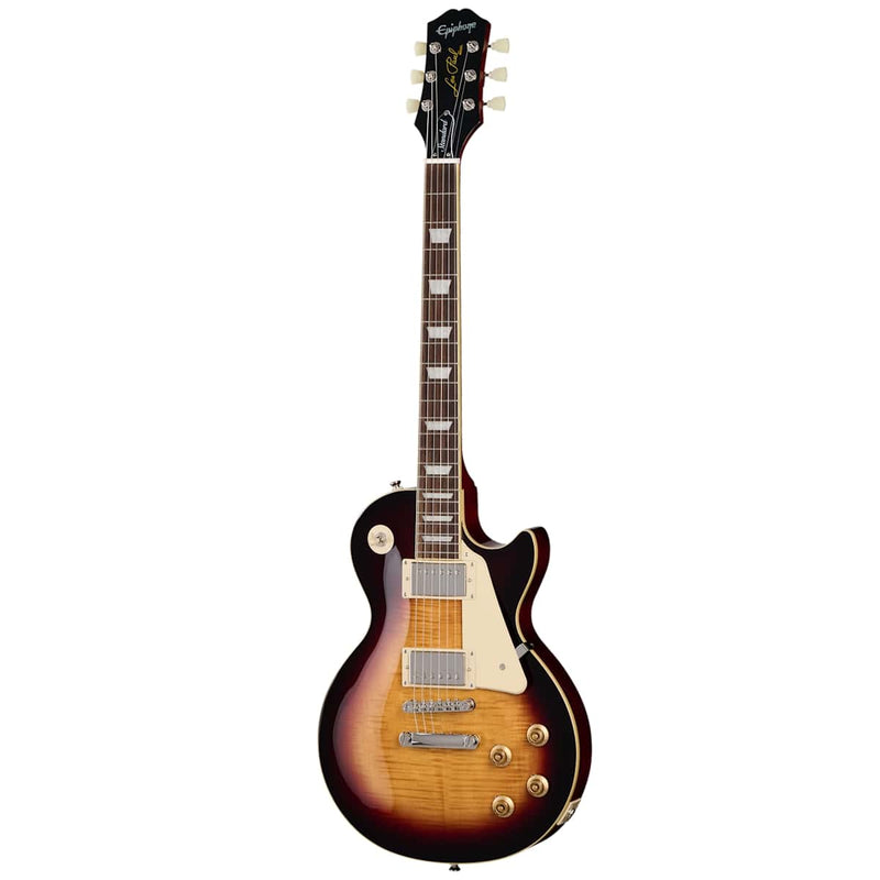 epiphone tobacco burst les paul Junior shaped neck with binding and long neck tenon body Laurel fingerboard features a classic dish inlay and a vintage deluxe tuner on the Karmazoo headstock Epiphone Electric Guitar Les Paul