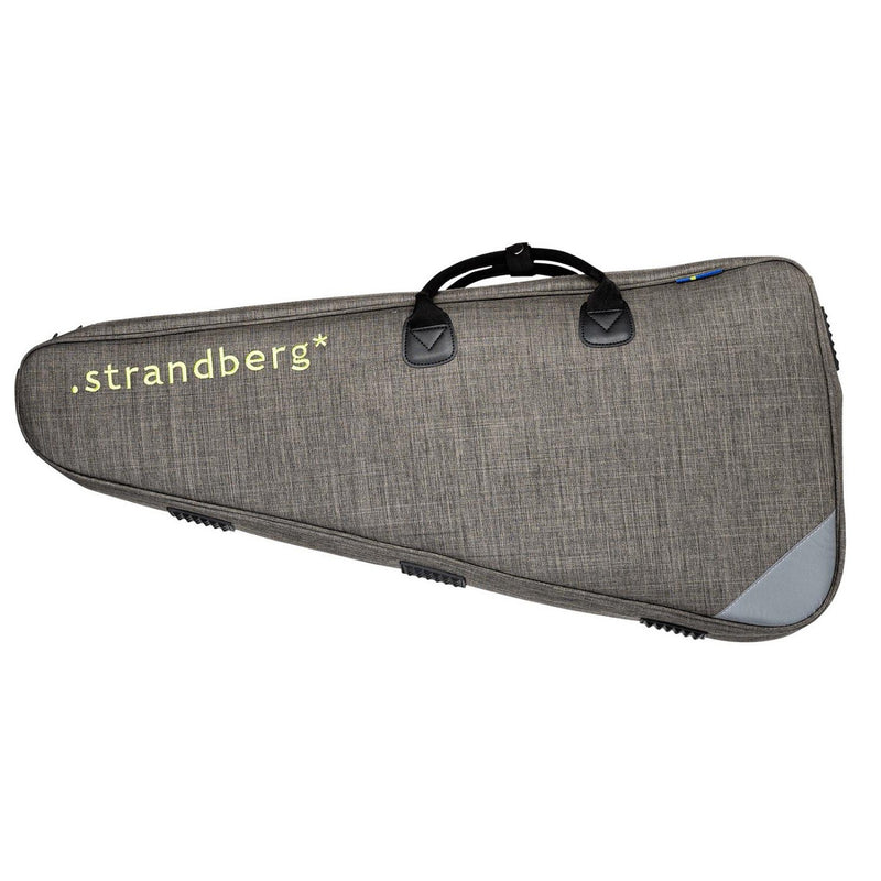 Gray case guitar with 'Strandberg' branding on a white background