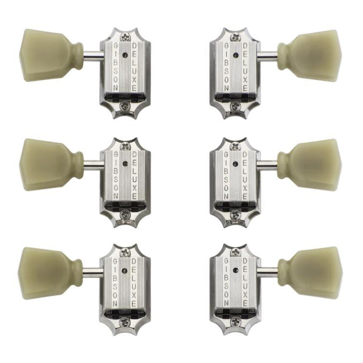 Gibson PMMH-010 Deluxe Green Key 3+3 Machine Heads - Vintage Nickel w/ Pearloid Buttons