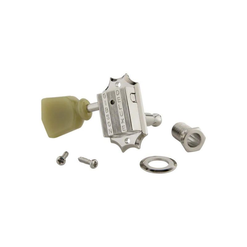 Gibson PMMH-010 Deluxe Green Key 3+3 Machine Heads - Vintage Nickel w/ Pearloid Buttons