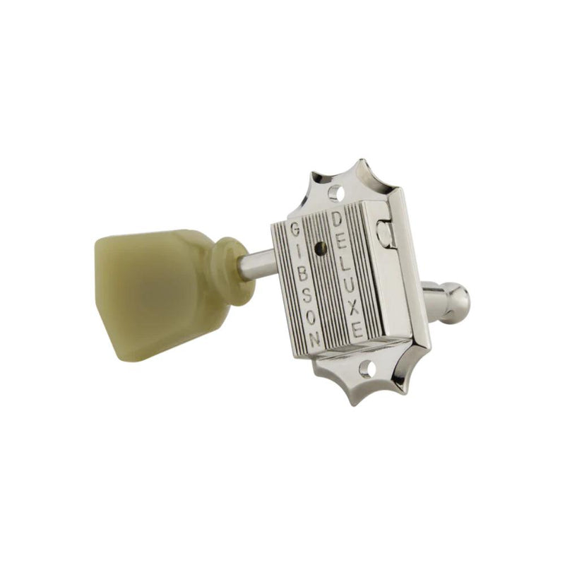Gibson PMMH-010 Deluxe Green Key 3+3 Machine Heads - Vintage Nickel w/ Pearloid Buttons