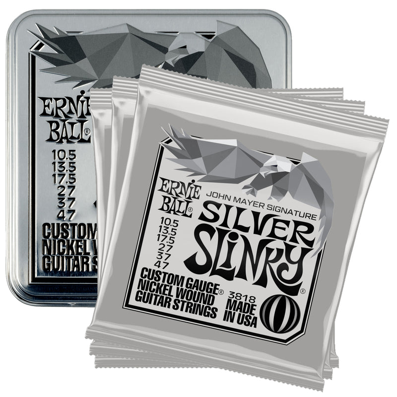 Ernie Ball John Mayer Silver Slinky Electric Guitar Strings 3-Pack Tin 10.5-47 Gauge