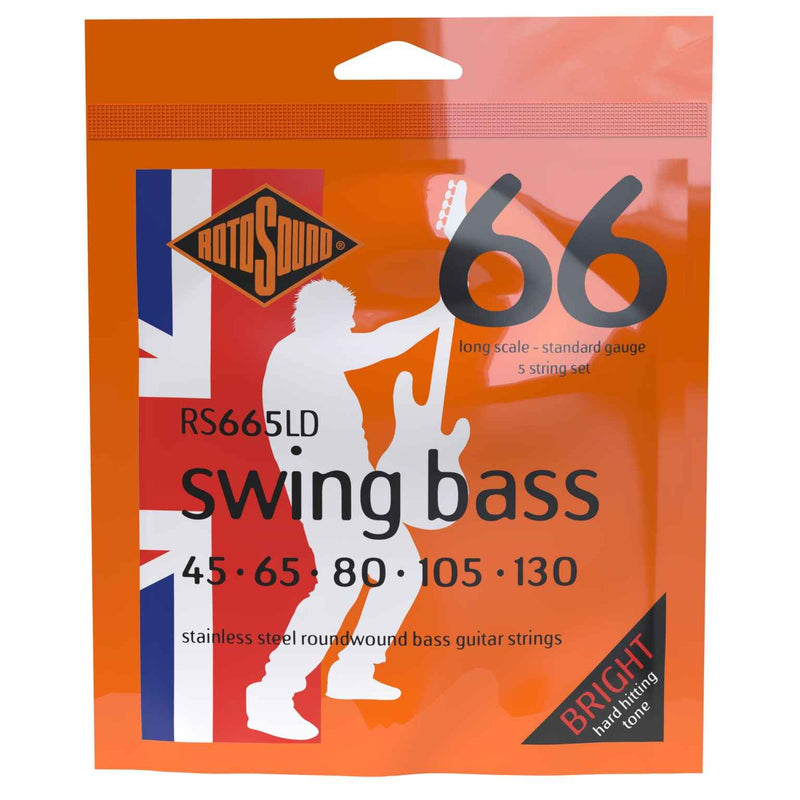 Rotosound RS665LD Swing Bass 66 Stainless Steel Roundwound Bass Guitar Strings - 45-130 Long Scale 5-string Standard Gauge