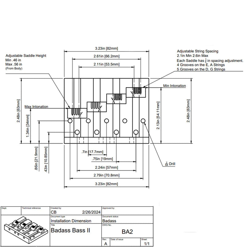 Leo Quan Badass II 4-String Bass Bridge w/Grooved Saddles - Black
