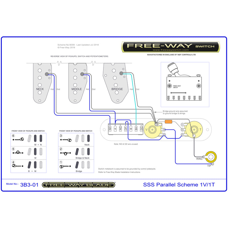 Free-Way 6-Way Blade Tele-Style Customizable Pickup Selector Switch 3B3-01