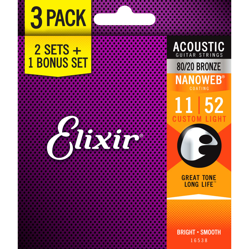 Elixir 3-Pack Custom Light 11-52 80/20 Bronze Acoustic Guitar Strings w/NANOWEB Coating 16538