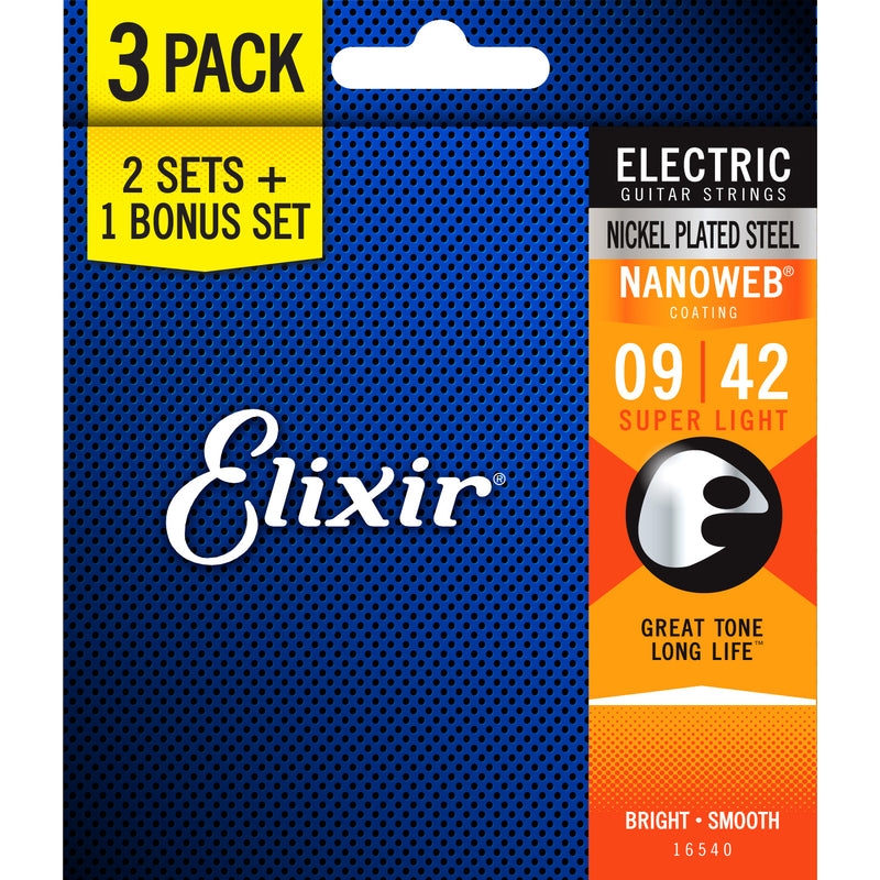 Elixir 3-Pack Super Light 09-42 Electric Guitar Strings w/NANOWEB Coating 16540