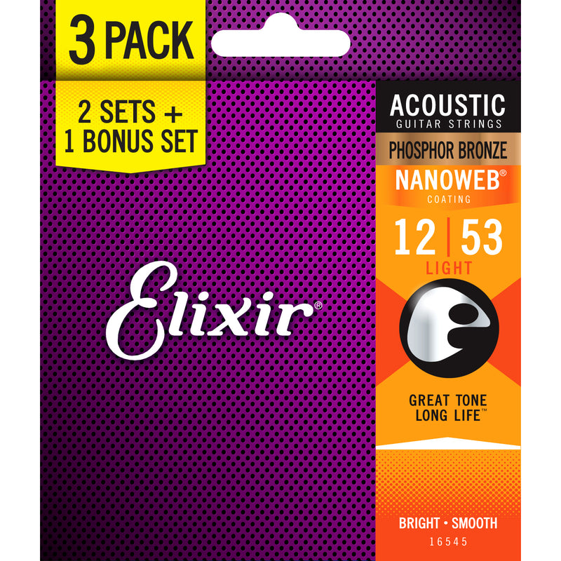 Elixir 3-Pack Light 12-53 Phosphor Bronze Acoustic Guitar Strings w/NANOWEB Coating 16545