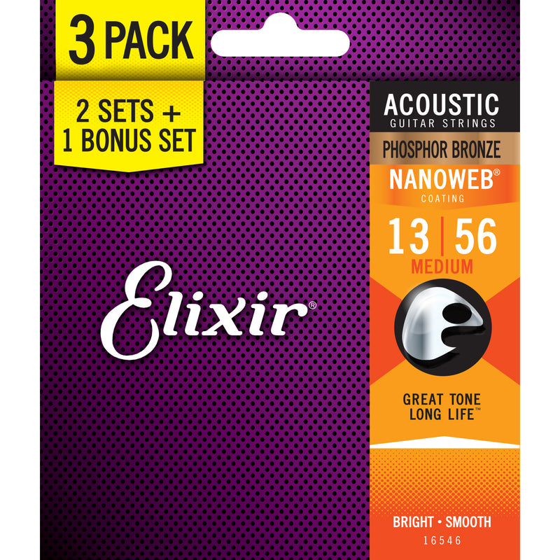 Elixir 3-Pack Medium 13-56 Phosphor Bronze Acoustic Guitar Strings w/NANOWEB Coating 16546