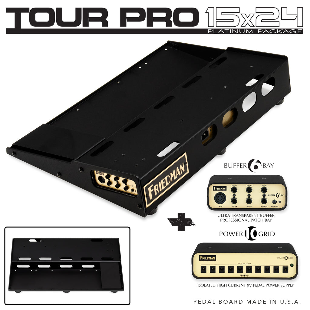 Friedman Tour Pro 1524 Platinum15"x24" USA Pedal Board With Riser + Power Grid 10 + Buffer Bay 6