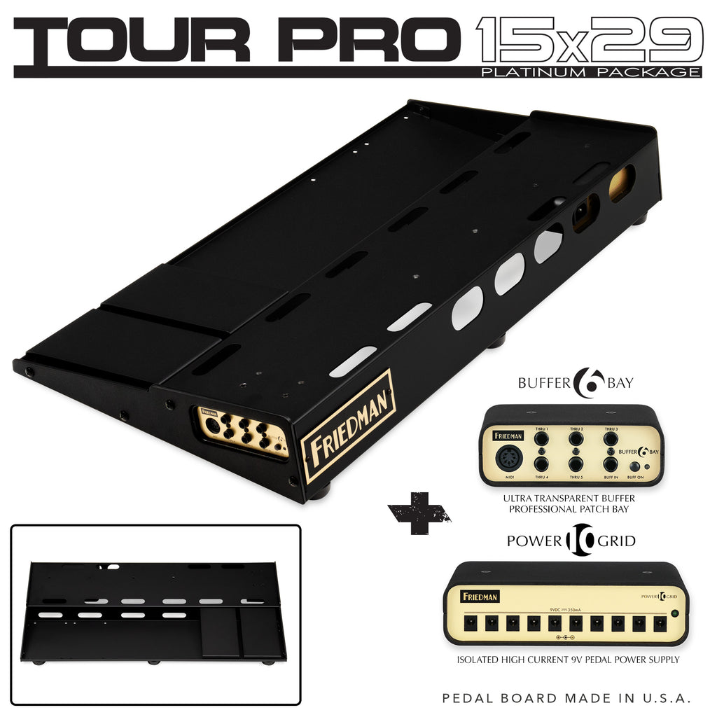 Friedman Tour Pro 1529 Platinum 15"x29" USA Pedal Board With 2 Risers + Power Grid 10 + Buffer Bay 6