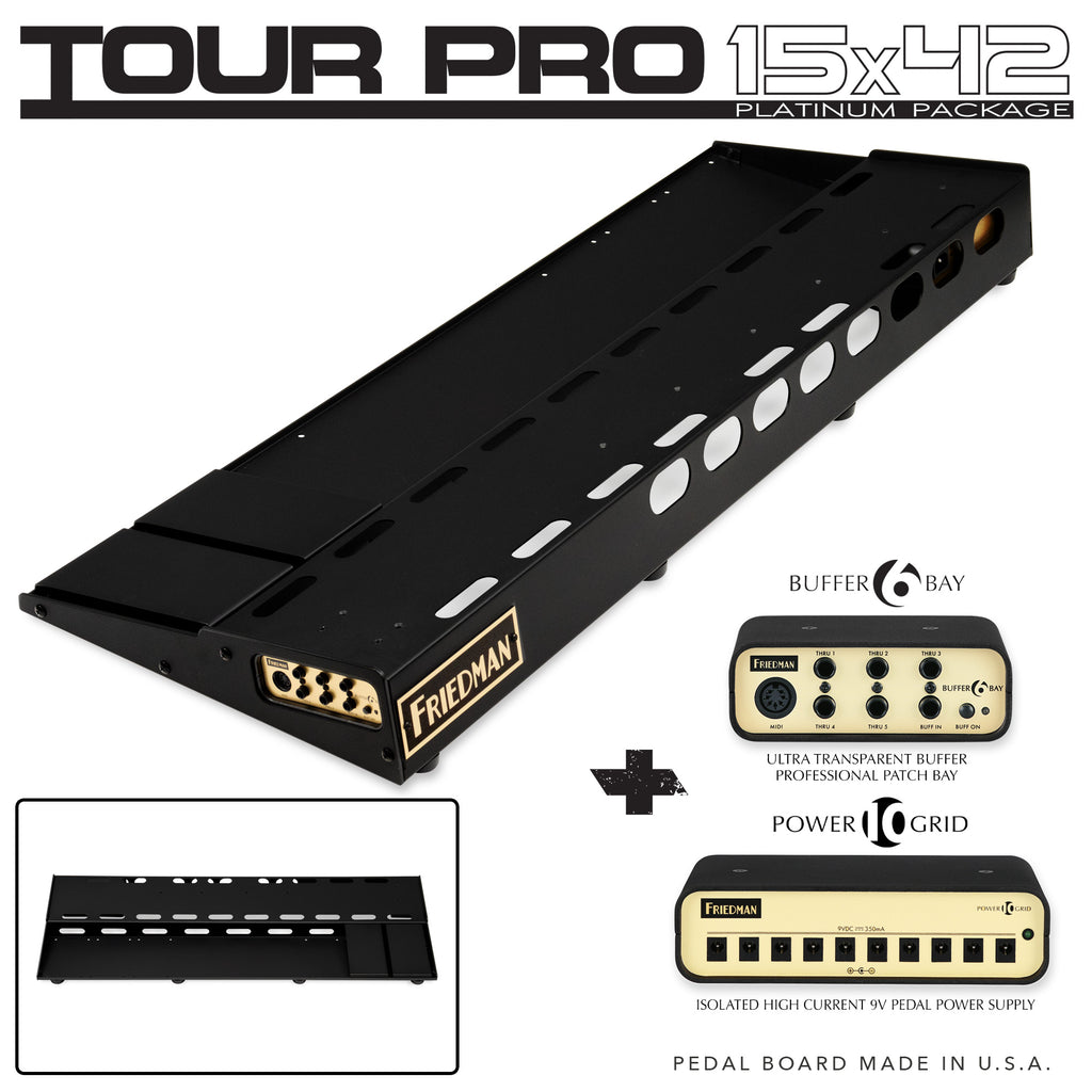 Friedman Tour Pro 1542 Platinum15"x42" USA Pedal Board With 2 Risers + Power Grid 10 + Buffer Bay 6
