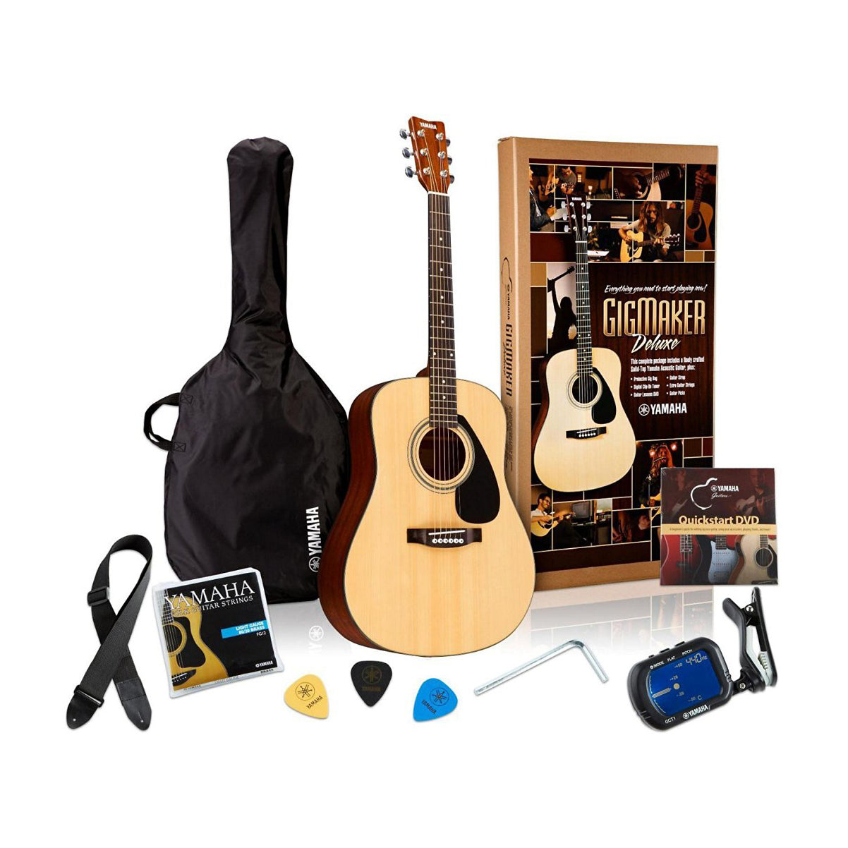 Yamaha Gigmaker Deluxe Acoustic Guitar Package with Gig Bag, Tuner,  Instructional DVD, Strap, Strings, and Picks - Natural Finish